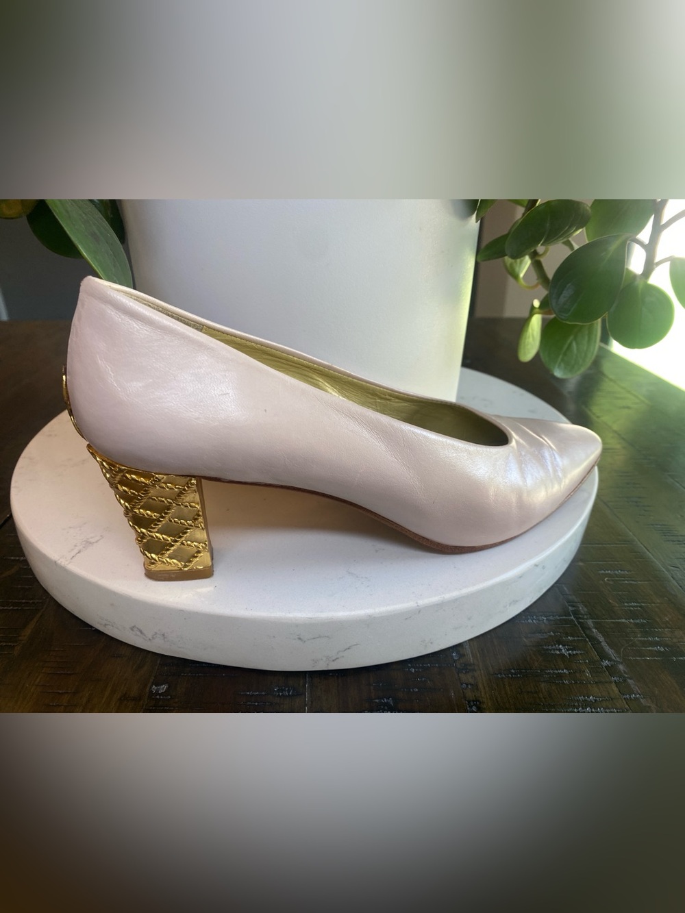 Norma B Blush Pink Leather Pump Gold Quilted Block Heel Size 8 Vtg Spain 2.5in - Picture 4 of 12